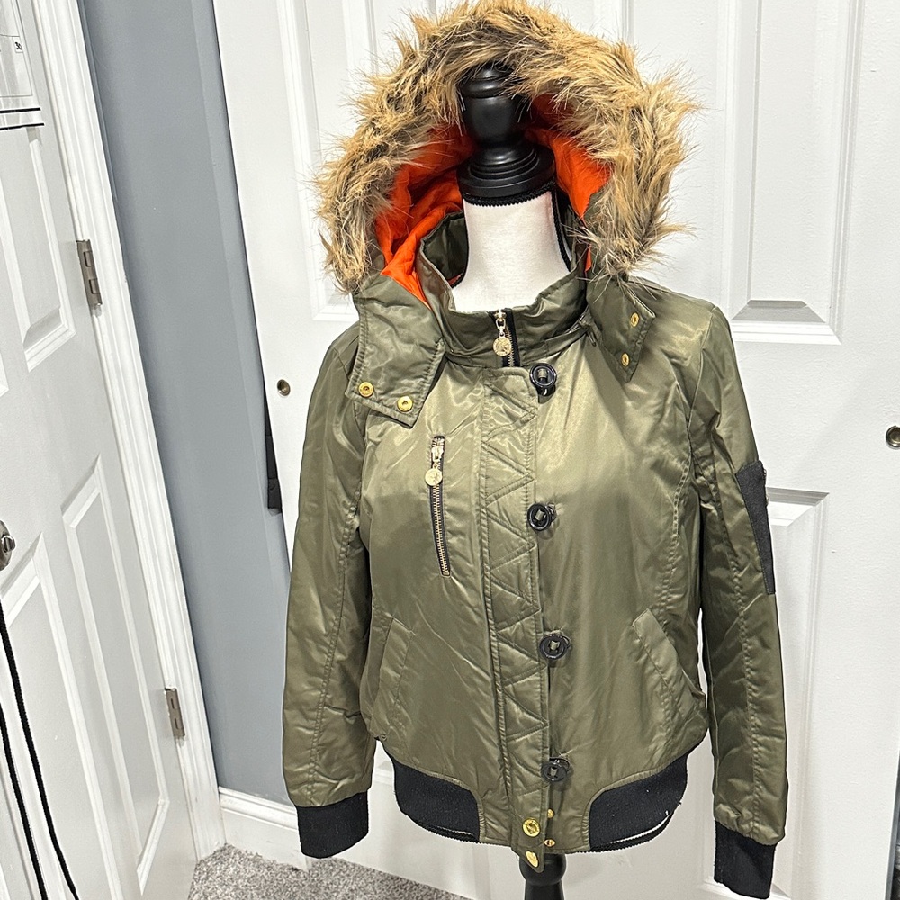Urban Republic Olive Bomber Jacket with Faux Fur Hood
